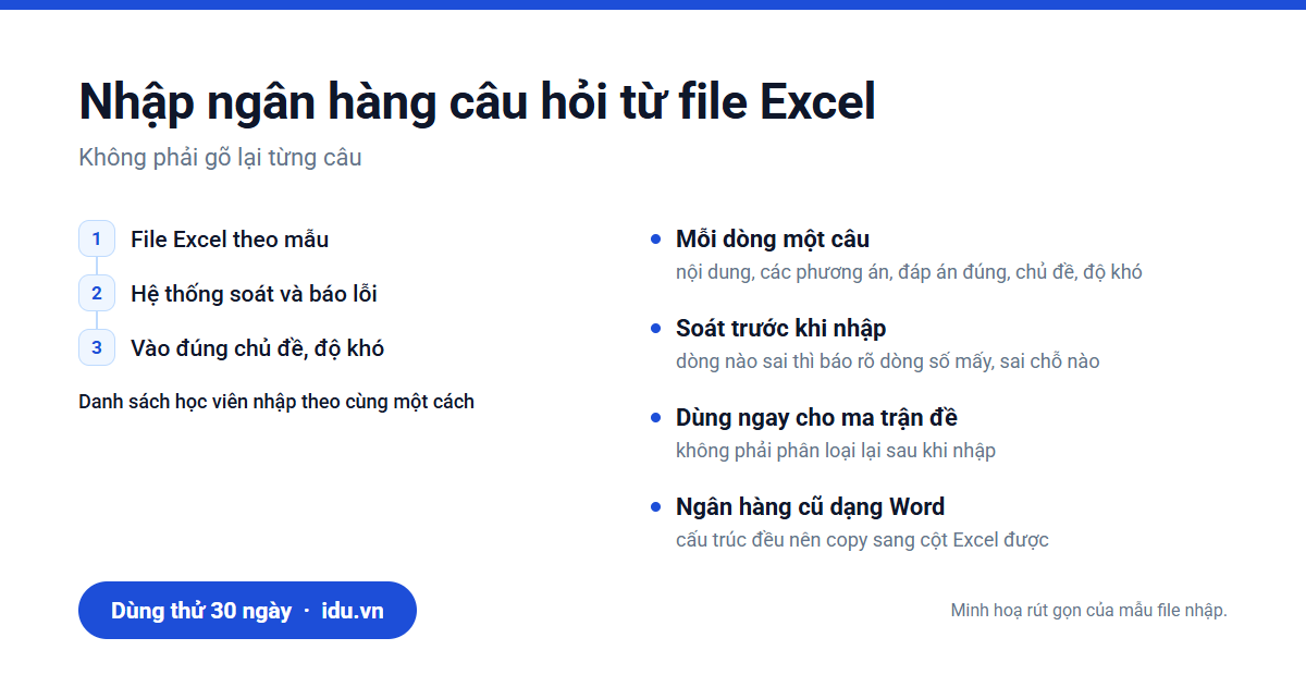 Nhập ngân hàng câu hỏi từ file Excel có sẵn